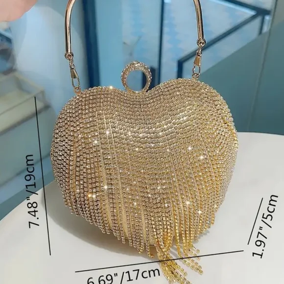 Gold Heart-Shaped Crystal Clutch with Fringe Bags